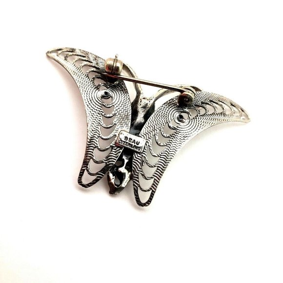 Beau Sterling Silver Flower Center Butterfly Brooch Pin Signed Vintage - Picture 9 of 12